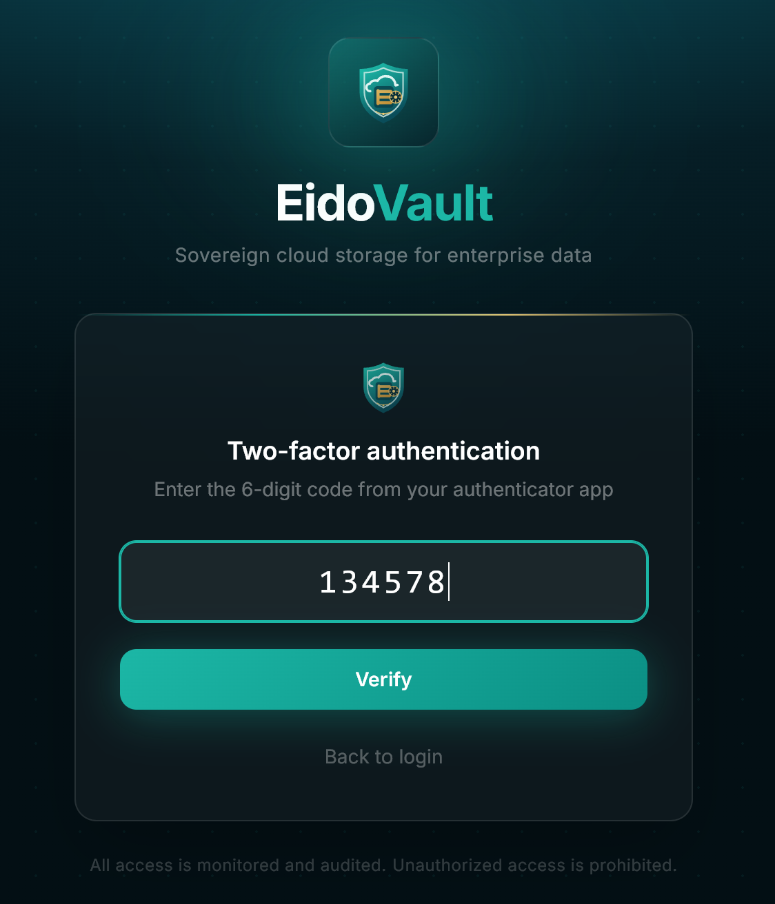 EidoVault two-factor login challenge