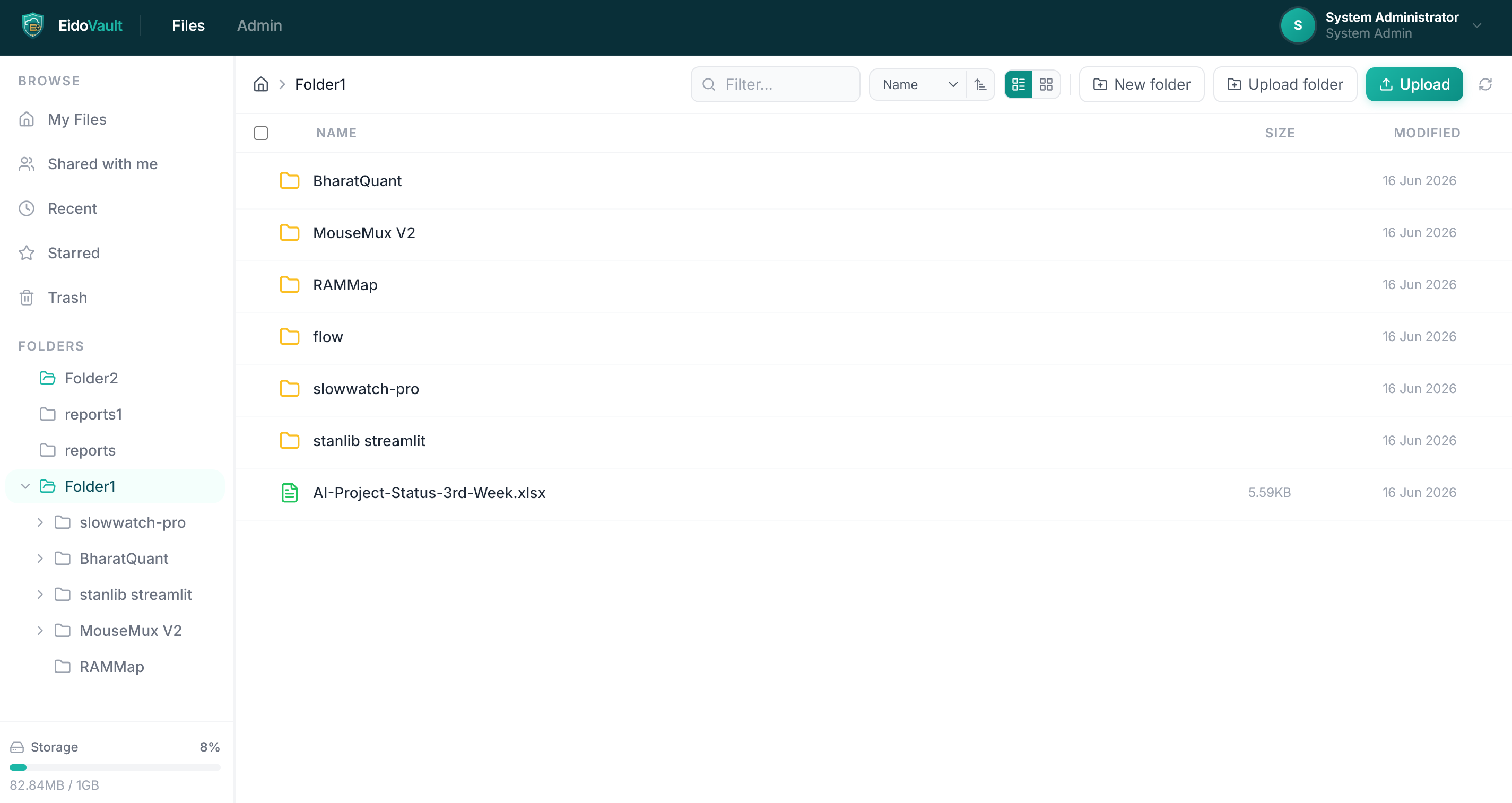 EidoVault list view with folder tree